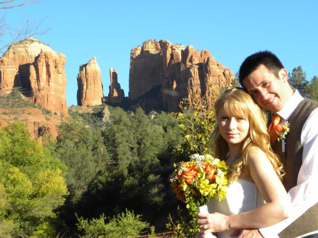 young couple just married at Red Rock Crossing in Sedona